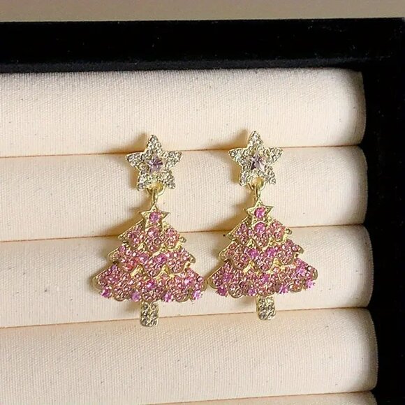 Pink Crystal Studded Christmas Tree Earrings Glam Chic Elegant NEW! 110A2 - Picture 4 of 6